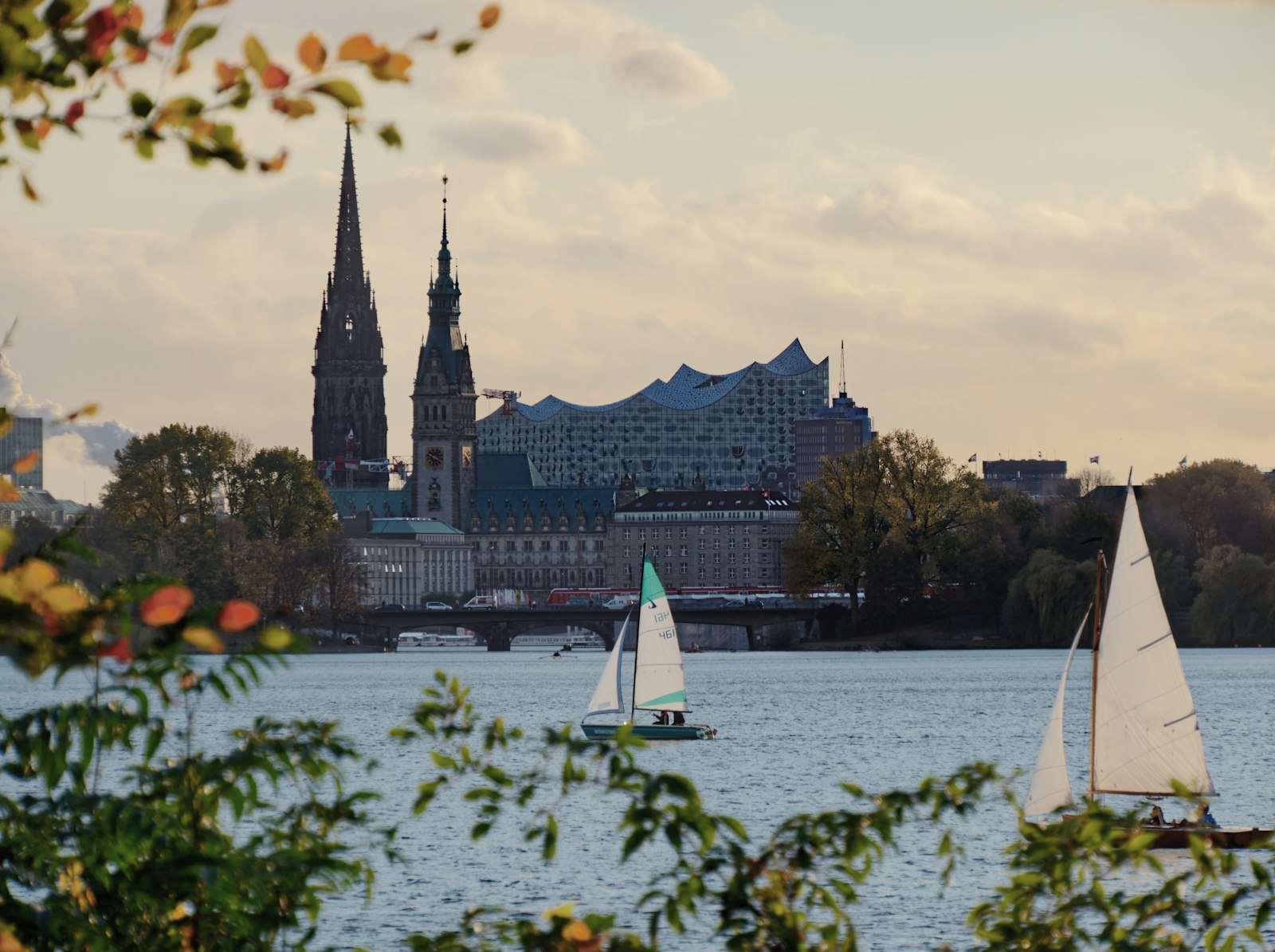 Alster mit Segelbooten und Hamburger Skyline
